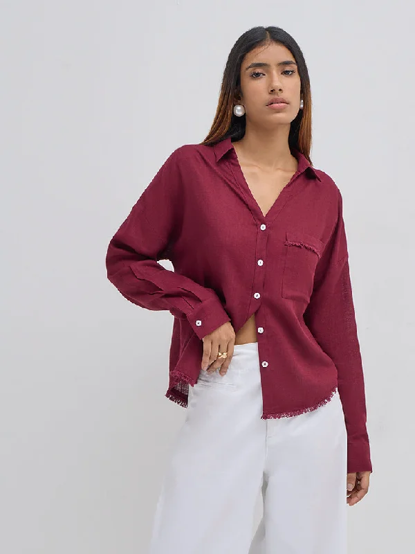 LOV Burgundy Fringe-Detailed Shirt Fleece Fabric Down Fabric Feather Fabric