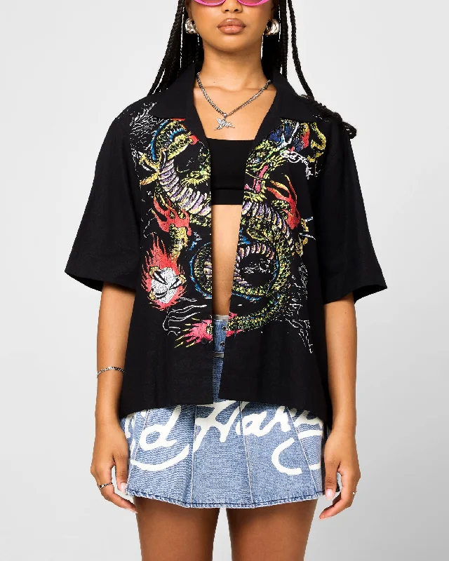 Ed Hardy Dragon Button Up Shirt Black Wool Fabric Cashmere Fabric Tweed Fabric