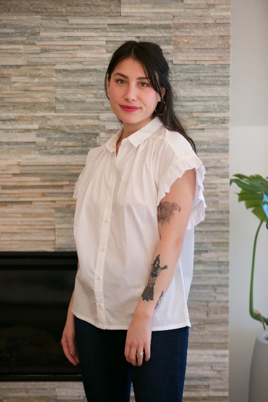 Birds of Paradis by Trovata Marianne B Ruffle Sleeve Shirt in White Striped Floral Plaid Birds of Paradis by Trovata Marianne B Ruffle Sleeve Shirt in White Striped Floral Plaid
