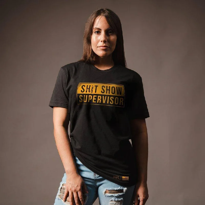 Women's Sh*t Show Supervisor Boyfriend Fit T-Shirt - Black Denim Fabric Leather Fabric Suede Fabric