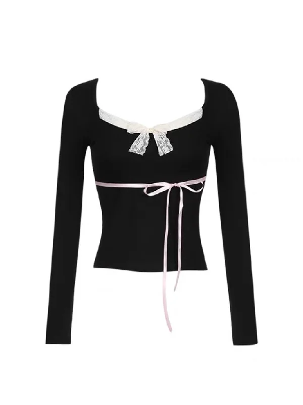 'Tie Me Up' Y2k Coquette Lace Ribbon Long Sleeves Shirts Fashionable Trendy Casual