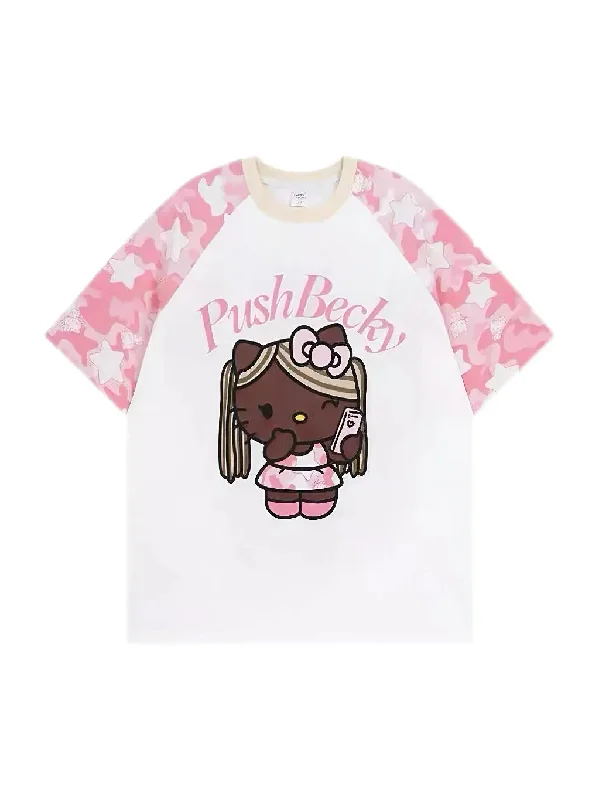 'Hot Kitty' Camouflage Kitty Prints Streetstyle T-shirts Solid Print Embellished