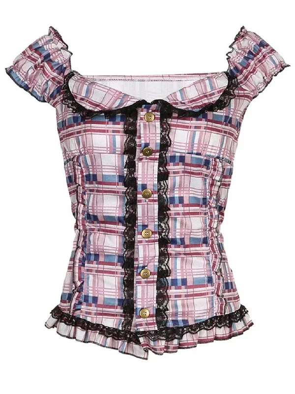 'Iris' Y2k Coquette Lace Pink Checked Shirts Silk Blend Satin Velvet
