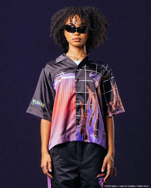 Pokémon By Loiter Gengar Split Button Up Shirt Black/Purple Front Pockets Side Pockets Patch Pockets Pokémon By Loiter Gengar Split Button Up Shirt Black/Purple Front Pockets Side Pockets Patch Pockets