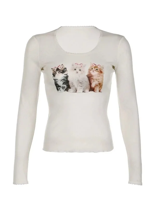 'Meoww' Lace Slimming Long-Sleeved Solid Color T-Shirt Polka Dot Checkered Tartan