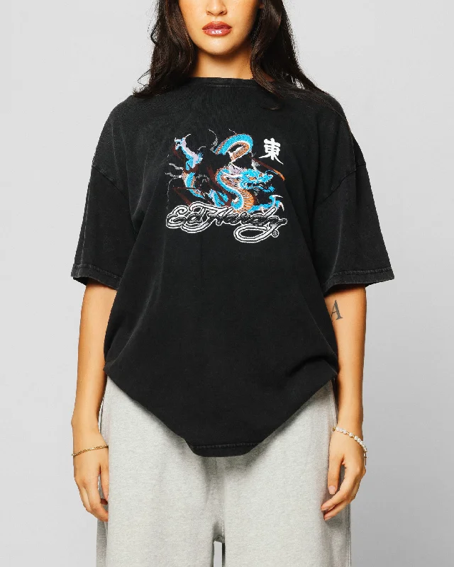 Ed Hardy Dragon Chest T-Shirt Black Acidwash Lace Blend Ribbed Blend Corduroy Blend