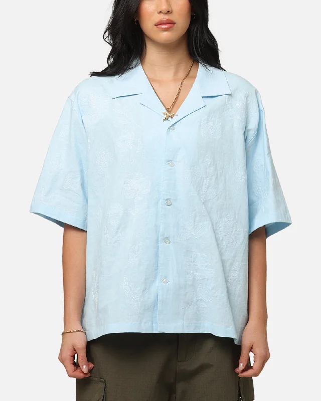 Carre Posy Button Up Shirt Light Blue/White Notch Collar Peter Pan Collar Cowl Neck