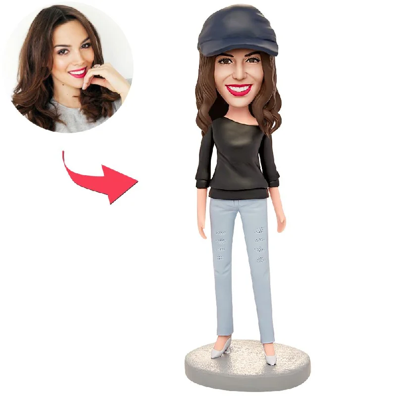 Woman Wearing a Black T-shirt Custom Bobbleheads With Engraved Text Elasticated Padded Insulated