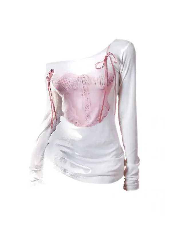 'White Swan' Coquette Ribbon Corset Print Shirts Cozy Warm Stylish