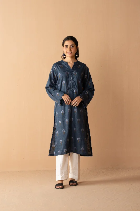 Solid Navy Blue Shirt - LDS 876 Print Jacquard Patchwork