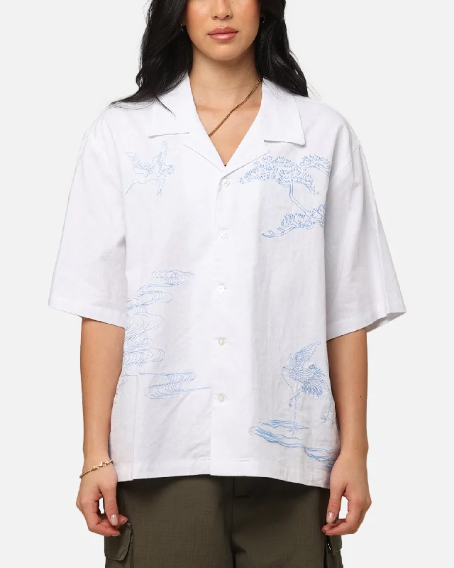 Carre Crane Button Up Shirt White/Light Blue Hooded Caped Shawl Collar