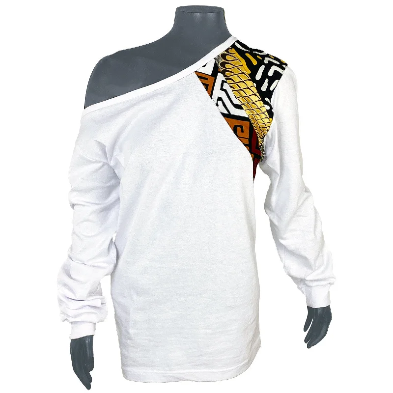 Women's African Print Cold Shoulder Detail White Unisex T-Shirt | Brown, Gold, Yellow, Black, | African White T-Shirt | Ladies African Shirt |Cloth & Cord Zippered Buttoned Snapped Women's African Print Cold Shoulder Detail White Unisex T-Shirt | Brown, Gold, Yellow, Black, | African White T-Shirt | Ladies African Shirt |Cloth & Cord Zippered Buttoned Snapped