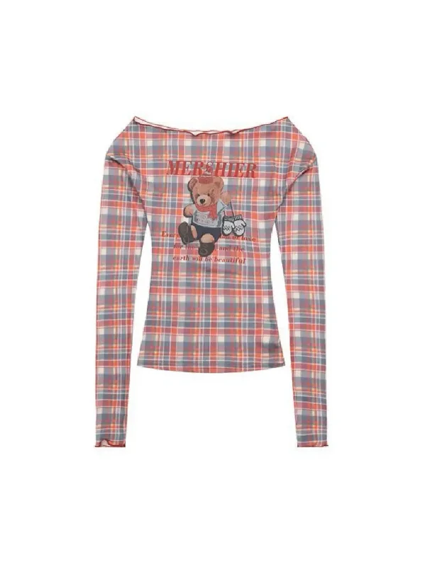 'Dessert Shop' Y2k Cute Checked Bear Pattern Shirts Sequined Glittery Shiny