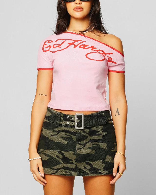 Ed Hardy Women's Aline Baby T-Shirt Pink/Red Ribbed T-Shirt High Neck Heavyweight