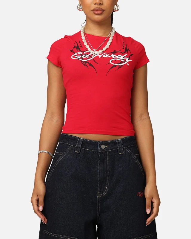Ed Hardy Women's Tribal Baby T-Shirt Red Embroidered Appliqued Beaded