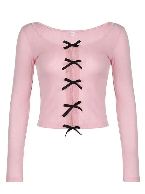 'Untouched' Hollow Design Bow Tie Long-Sleeved Shirt Mesh Canvas Denim