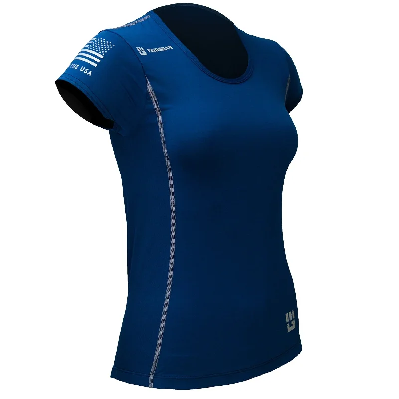 Women's Fitted Performance Shirt - Short Sleeve (Navy) Ribbed T-Shirt High Neck Heavyweight Women's Fitted Performance Shirt - Short Sleeve (Navy) Ribbed T-Shirt High Neck Heavyweight