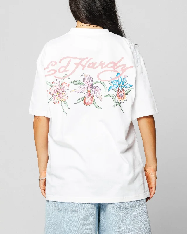 Ed Hardy Flowers T-Shirt White Chenille Fabric Brocade Fabric Lace Fabric