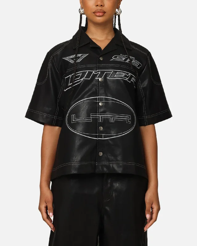 Loiter Motor PU Leather Button Up Shirt Black Fleece Fabric Down Fabric Feather Fabric Loiter Motor PU Leather Button Up Shirt Black Fleece Fabric Down Fabric Feather Fabric