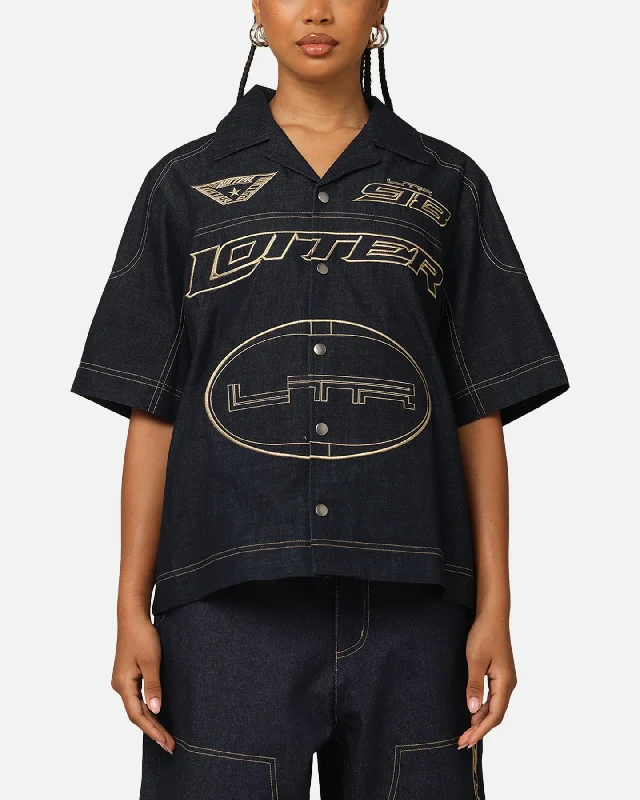 Loiter Motor Denim Button Up Shirt Indigo Terry Blend Velvet Blend Canvas Blend