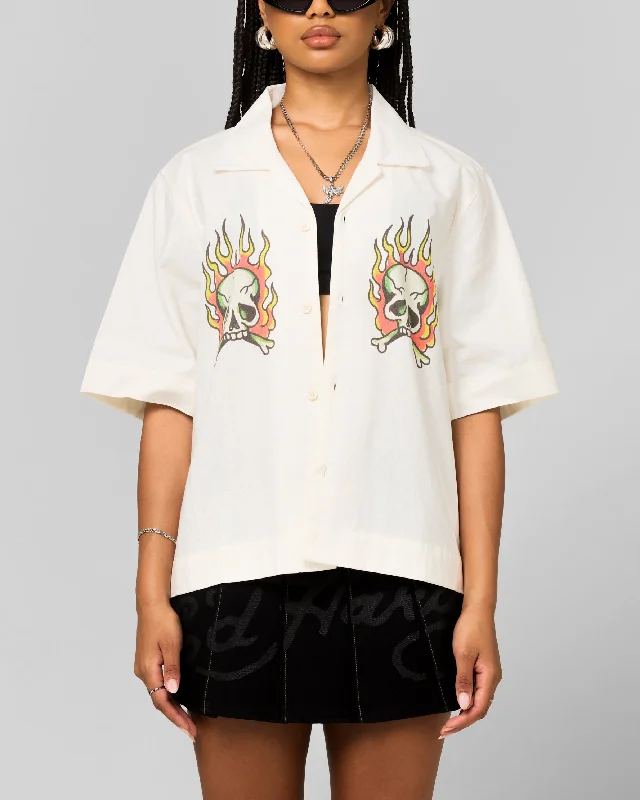 Ed Hardy Flaming Skull Button Up Shirt Off White Ribbed T-Shirt High Neck Heavyweight Ed Hardy Flaming Skull Button Up Shirt Off White Ribbed T-Shirt High Neck Heavyweight
