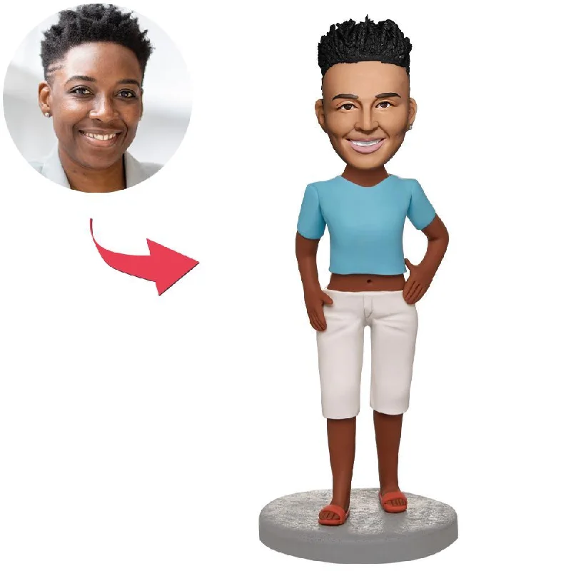 Custom Blue Shirt Casual Wear Dark Complexion Woman Bobbleheads With Engraved Text Casual Formal Business Custom Blue Shirt Casual Wear Dark Complexion Woman Bobbleheads With Engraved Text Casual Formal Business