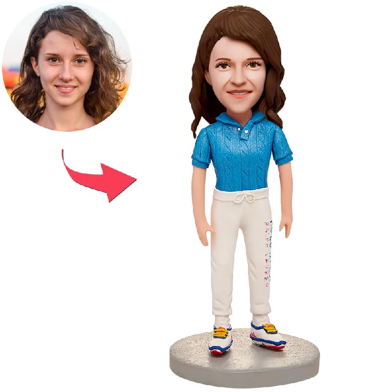 Blue T-shirt Woman Custom Bobbleheads With Engraved Text Modern Contemporary Chic