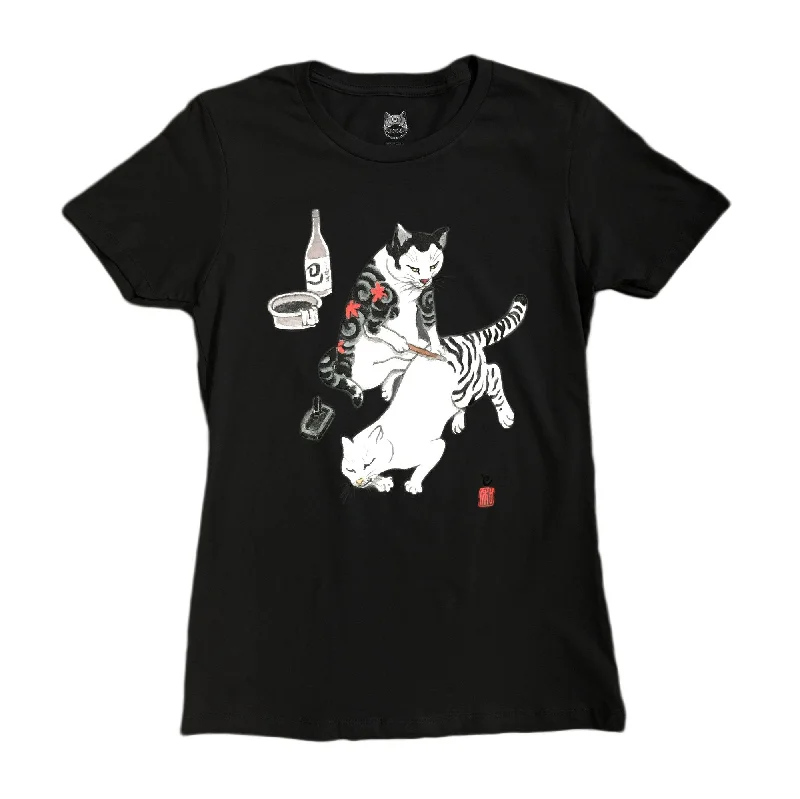 Women's Black Tebori Cat T-shirt Satin Blend Silk Blend Wool Blend
