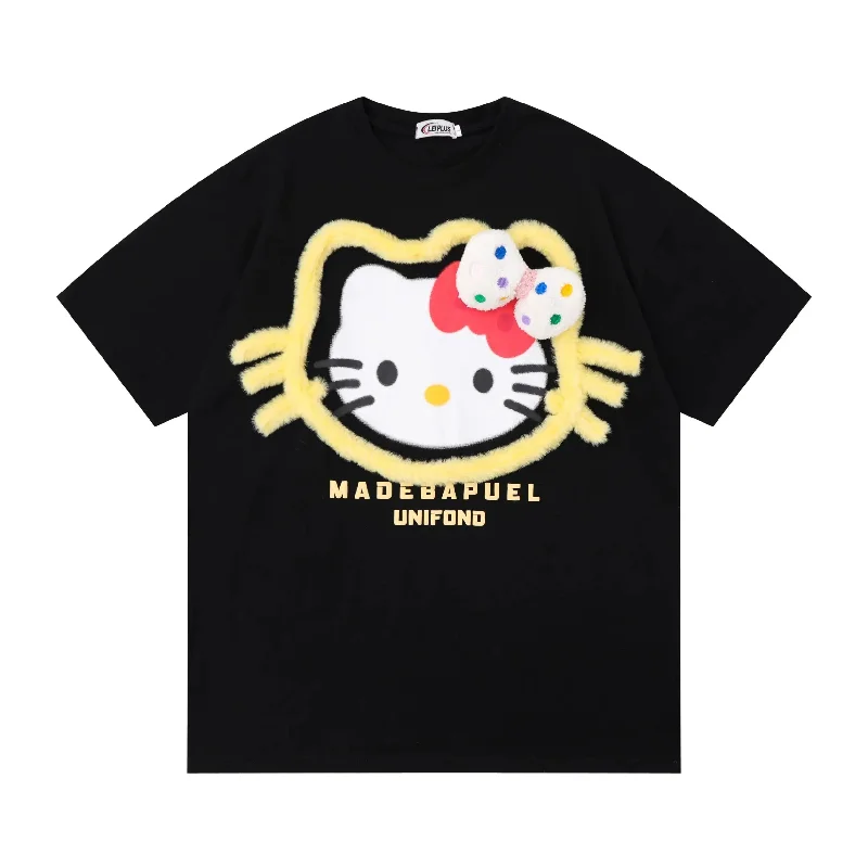 'Pop Kitty' Kawaii Streetstyle Fleeced T Shirts Collared Crew Neck Turtle Neck