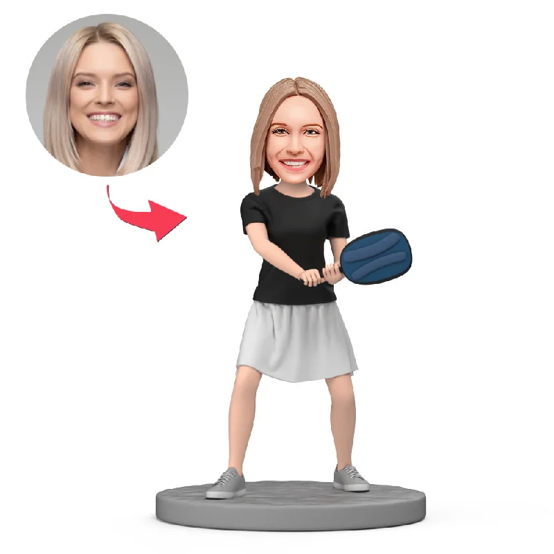 Pickleball Lady Wear Black Shirt and white Skirt Custom Bobblehead with Engraved Text Terry Blend Velvet Blend Canvas Blend Pickleball Lady Wear Black Shirt and white Skirt Custom Bobblehead with Engraved Text Terry Blend Velvet Blend Canvas Blend