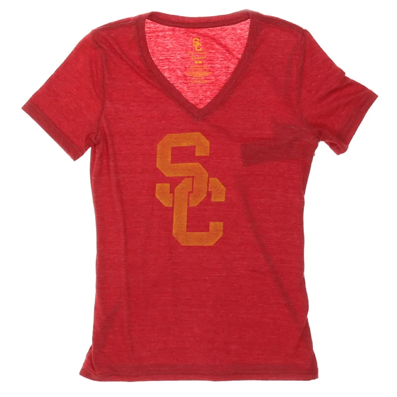 USC Trojans Women's Worn SC Interlock T-Shirt - Cardinal V-Neck T-Shirt Long Sleeve Cotton USC Trojans Women's Worn SC Interlock T-Shirt - Cardinal V-Neck T-Shirt Long Sleeve Cotton