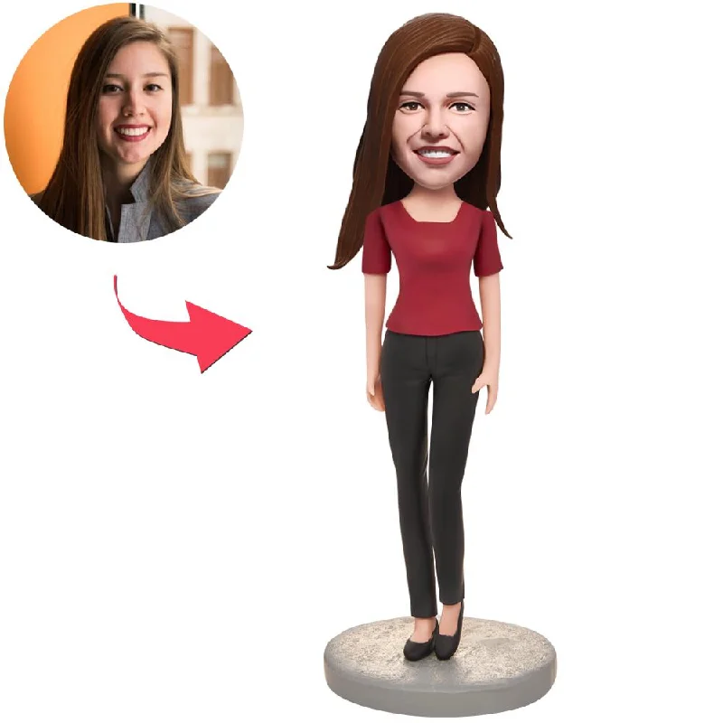 Woman Wearing a Red T-shirt Custom Bobbleheads With Engraved Text Rayon Velvet Corduroy