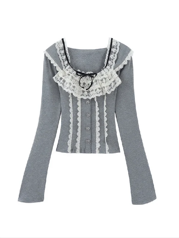 'Babe Lolita' Balletcore Lace Bowtie Shirts Striped Floral Plaid