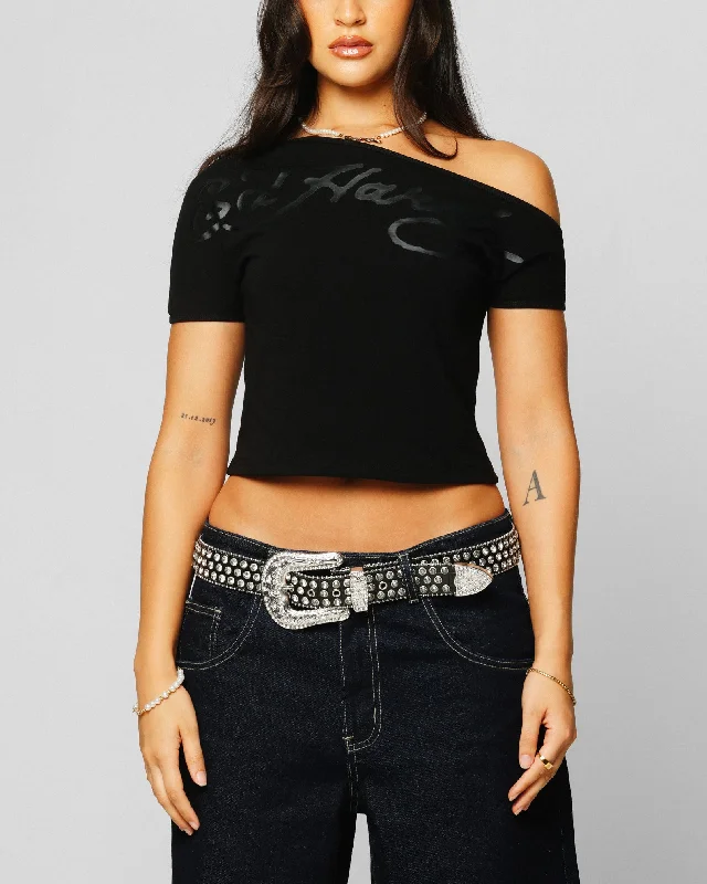 Ed Hardy Women's Aline Baby T-Shirt Black Solid Print Embellished