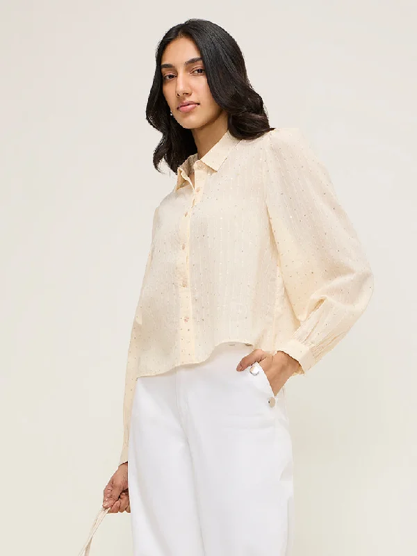 LOV Cream Sequin Detailed Shirt Satin Fabric Silk Fabric Chiffon Fabric