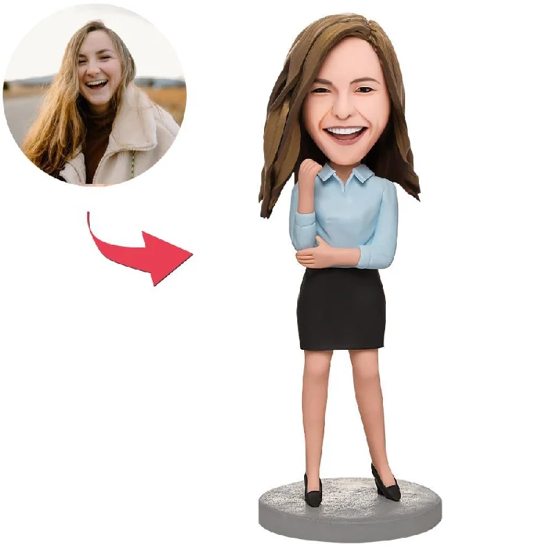 Custom Business Female In A Blue Shirt Bobbleheads With Engraved Text Fitted T-Shirt Seamless Stretchy Custom Business Female In A Blue Shirt Bobbleheads With Engraved Text Fitted T-Shirt Seamless Stretchy