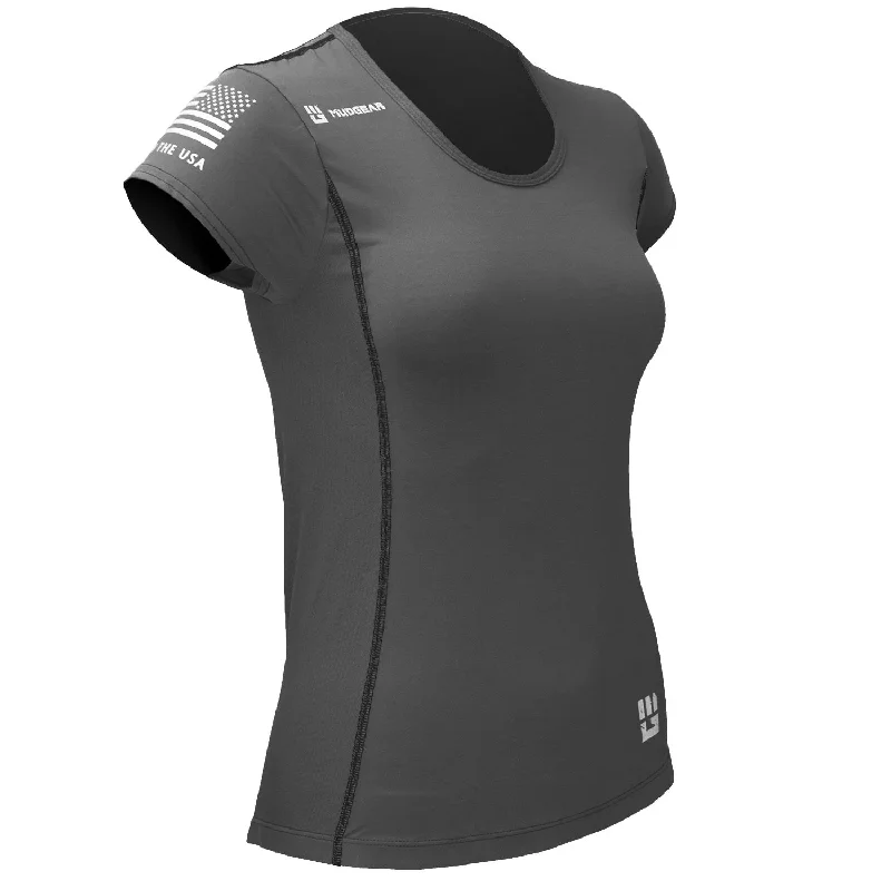 Women's Fitted Performance Shirt - Short Sleeve (Steel Gray) Thin T-Shirt Open Front Quick Dry Women's Fitted Performance Shirt - Short Sleeve (Steel Gray) Thin T-Shirt Open Front Quick Dry