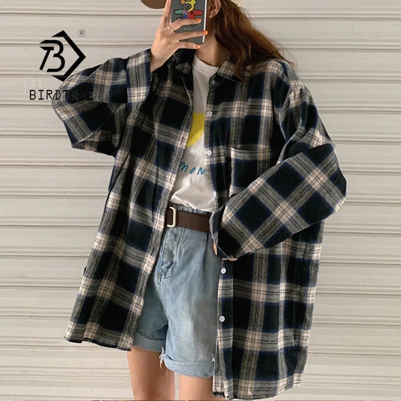 Vintage Oversized Harajuku Plaid Shirt Batwing Mesh Blend Leather Blend Suede Blend