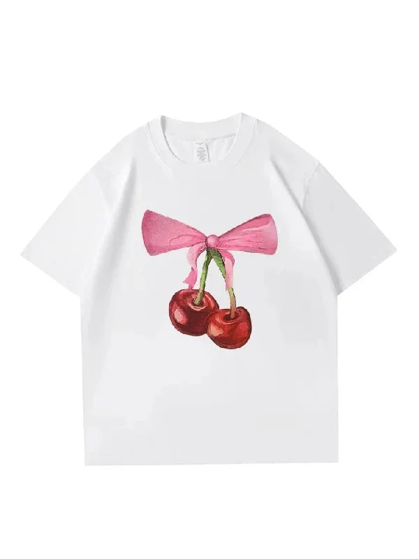 'Cherie' Coquette Cute Cherry  Ribbon T-shirt Mesh Blend Leather Blend Suede Blend