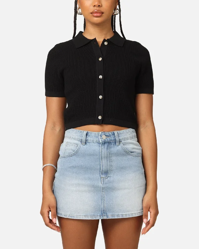 XXIII Women's Cropped Zyair Button Up Shirt Black Spandex Blend Rayon Blend Denim Blend