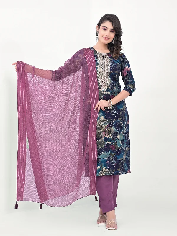 Teal Designer Readymade Pant Suit With Printed Embroidery Work Classic Cropped Pants