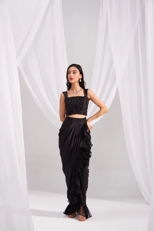 Black Silk Ruffle Draped Skirt modal blend skirt