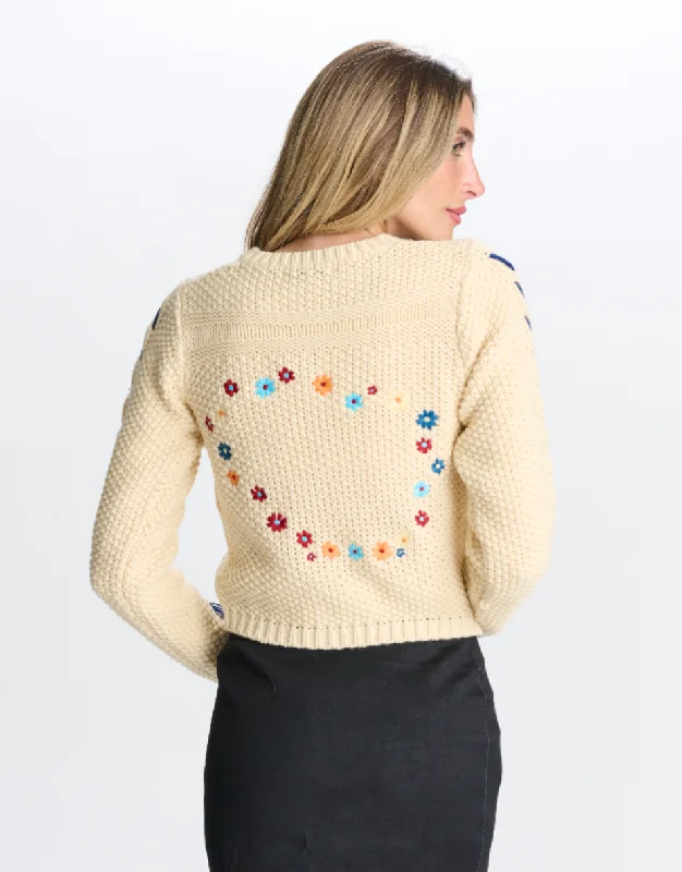 Parcelle Cable Knit Embroidered Flowers Sweater Iron Safe Non-Iron Wrinkle Free