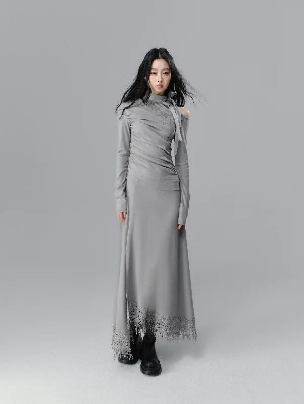 Decorated Collar Gray One-shoulder Long-sleeved Dress SAL0090 Tunics Fleece cozy