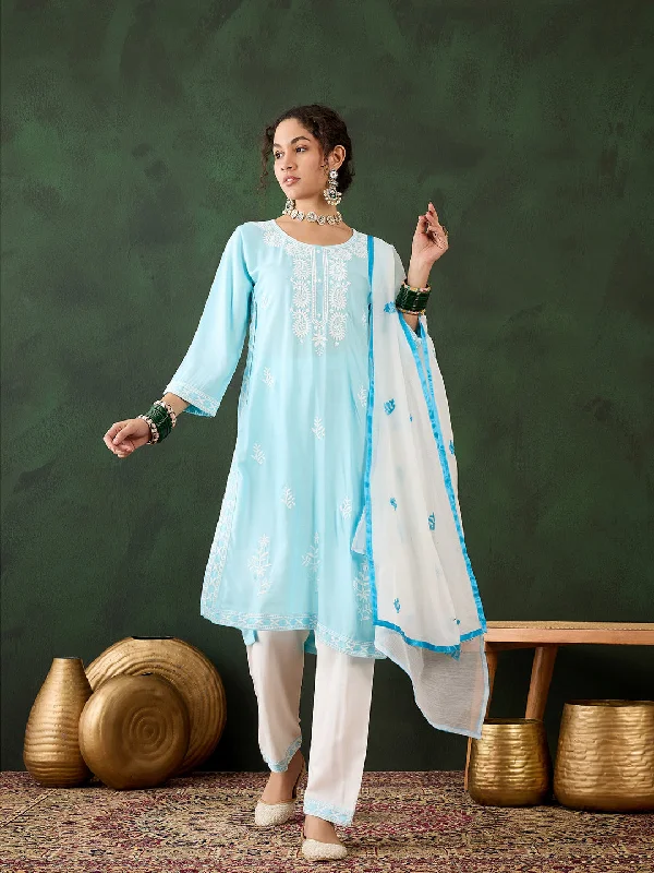 Sky Blue Attractive Looking Pant Suit With Designer Chikankari Embroidery Work Stylish Elastic Waist Pants Sky Blue Attractive Looking Pant Suit With Designer Chikankari Embroidery Work Stylish Elastic Waist Pants