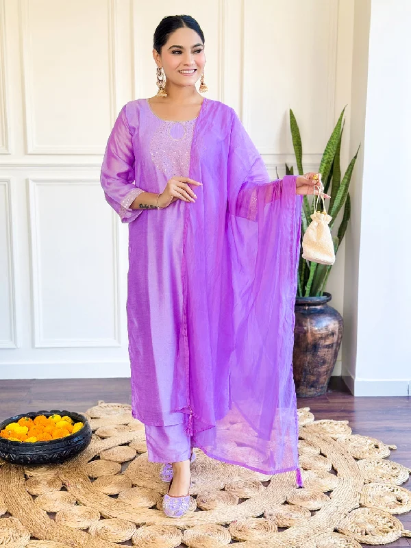 Purple Designer Readymade Pant Suit With Embroidery Work Casual Lounge Pants