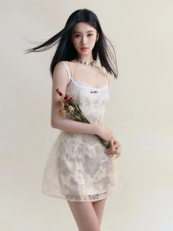 Butterfly Imprint Lace Layered Suspender Dress FRA0180 Tunics Fashionable trendy