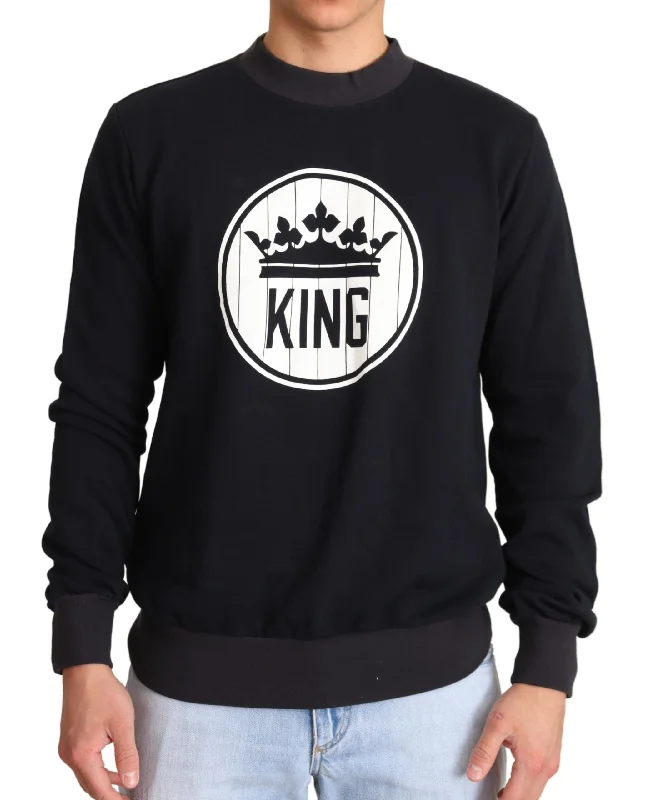 Regal Crown Motive Crewneck Sweater Front Pockets Side Pockets Patch Pockets