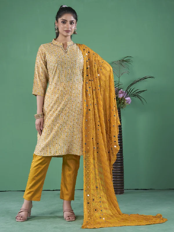 Mustard Designer Readymade Pant Suit With Printed Embroidery Work Comfortable Fleece Pants