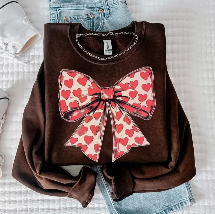 Heart Bow Graphic Sweatshirt Hoodie with Hidden Zipper Minimalist Clean